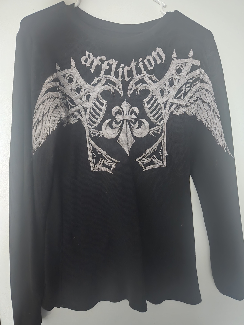 Affliction Black Long Sleeve Wing Graphic Tee with Silver Print
